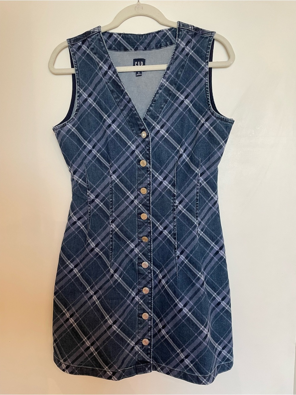 GAP Sleeveless Blue Plaid Denim Button Dress
